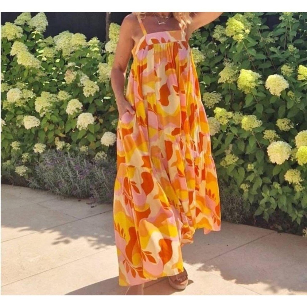 Sleeveless Pink & Orange Floral Maxi Dress
